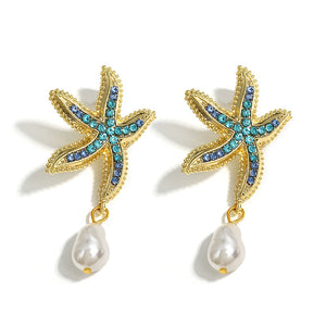 Beach Star Fish Pearl Drop Earrings with Blue Rhinestones