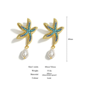 Beach Star Fish Pearl Drop Earrings with Blue Rhinestones