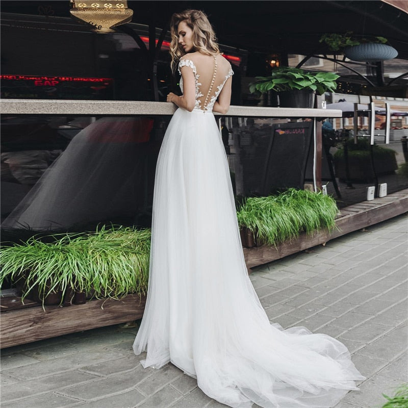 Short Sleeve Lace Appliques Beach Wedding Dress Short Sleeve Lace Appliques Beach Wedding Dress