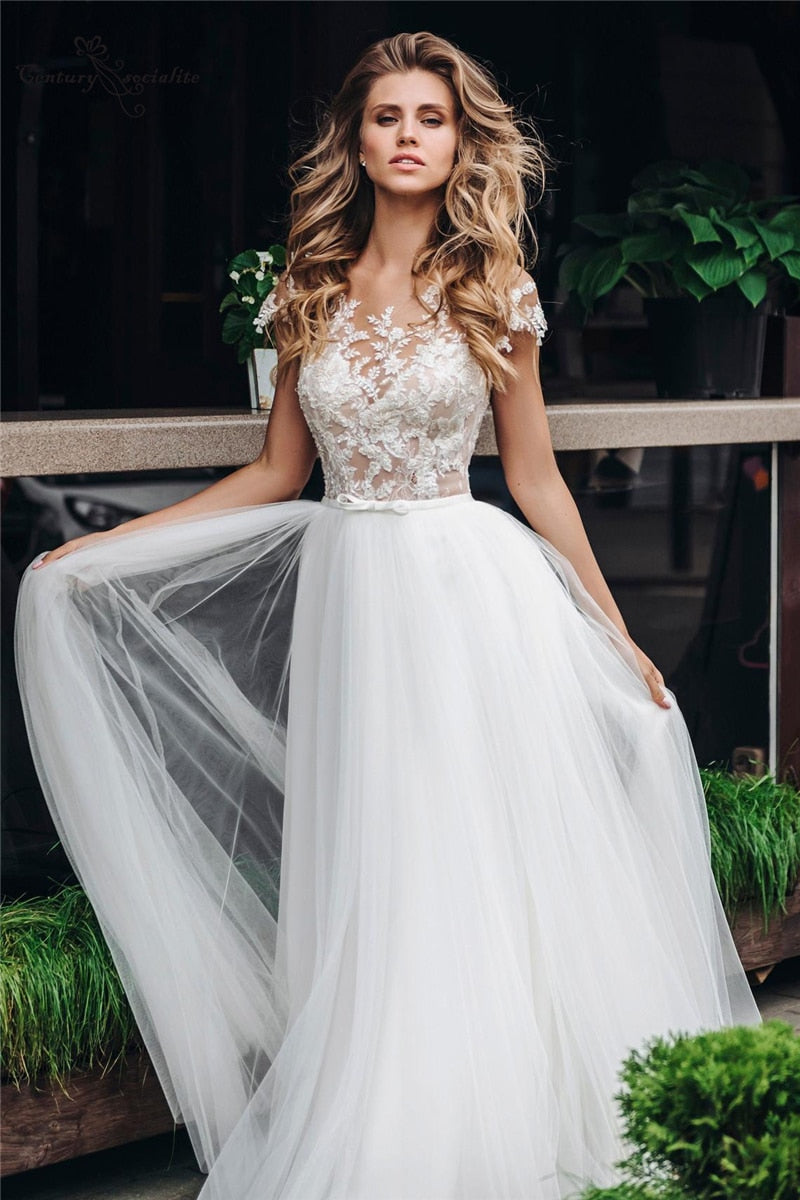 Short Sleeve Lace Appliques Beach Wedding Dress – Heirloom Hourglass