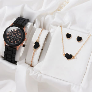 5 Piece Ring Necklace Earrings Rhinestone Fashion Watch Bracelet Set