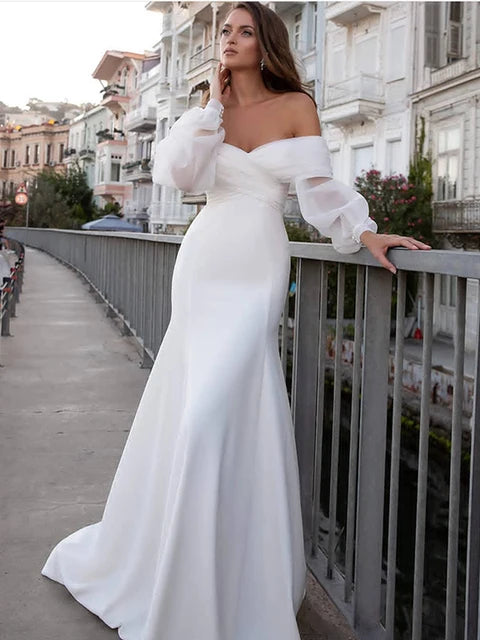Satin Mermaid Wedding Dress with Puff Sleeves Satin Mermaid Wedding Dress with Puff Sleeves