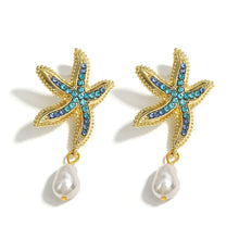 Heirloom Hourglass earrings Beach Star Fish Pearl Drop Earrings with Blue Rhinestones