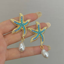 Heirloom Hourglass earrings Beach Star Fish Pearl Drop Earrings with Blue Rhinestones
