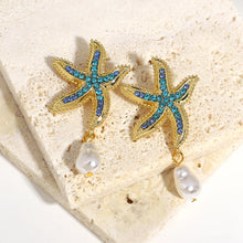 Heirloom Hourglass earrings Beach Star Fish Pearl Drop Earrings with Blue Rhinestones