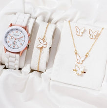 Heirloom Hourglass watch White Butterfies 5 Piece 5 Piece Ring Necklace Earrings Rhinestone Fashion Watch Bracelet Set