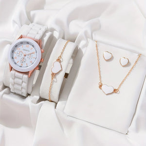 White Round Silicone Quartz Watch And 5pc Gold Heart Love Jewelry Gift Set 5PCs women main image 2