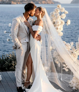 Sexy Backless Off Shoulder Beach Wedding Dress with High Leg Slit