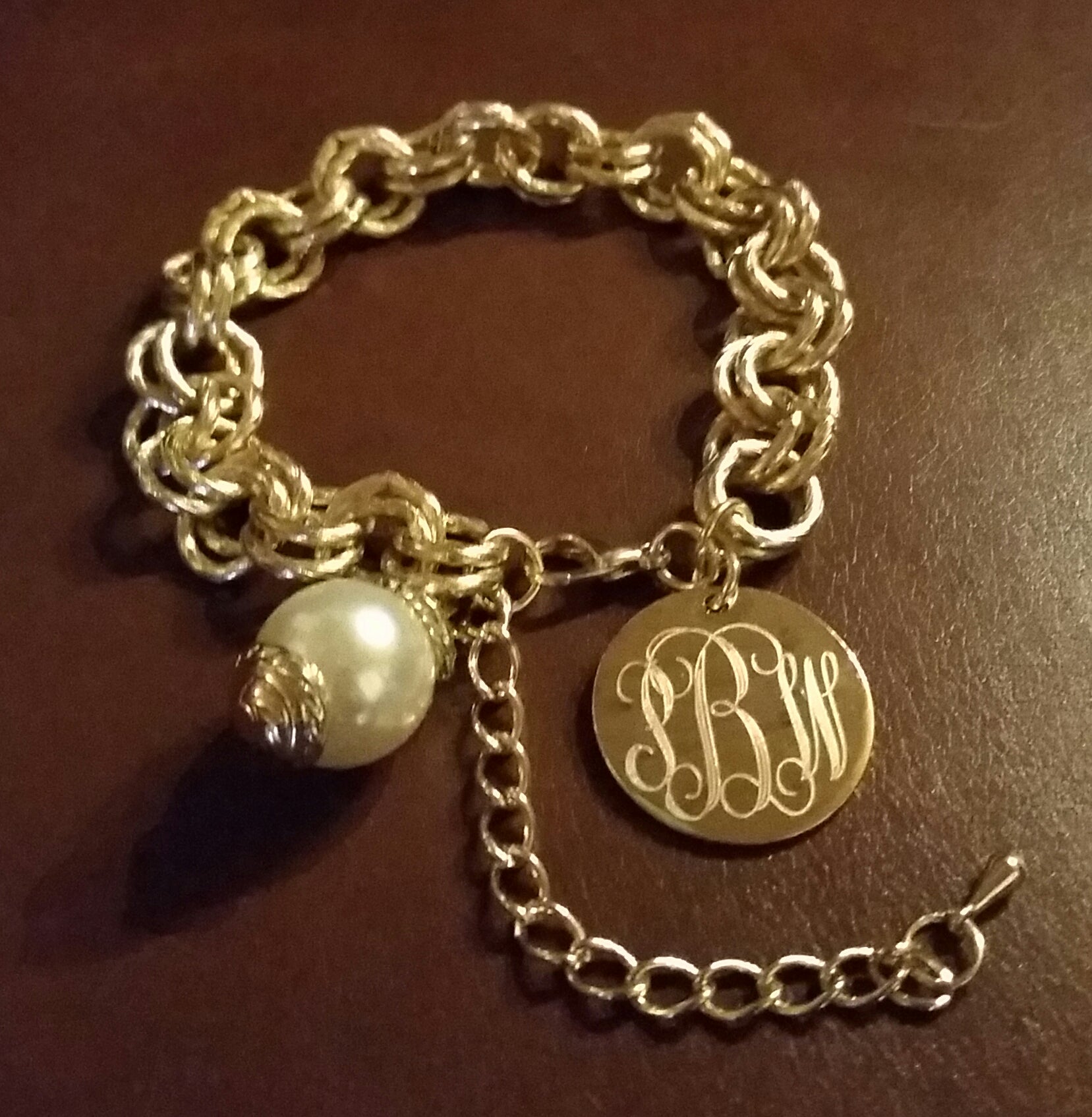 Satin Silver Link Bracelet with Drop Pearl Blank or Monogram Engraved Engraved