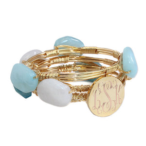 Cotton White, Sky Blue, and Aqua Blue Bead Bracelet with Blank or Monogram Engraved Gold Disk