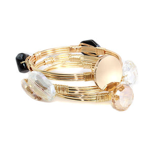 Clear Crystal and Black Stone Bead Bracelet with Blank or Monogram Engraved Gold Disk