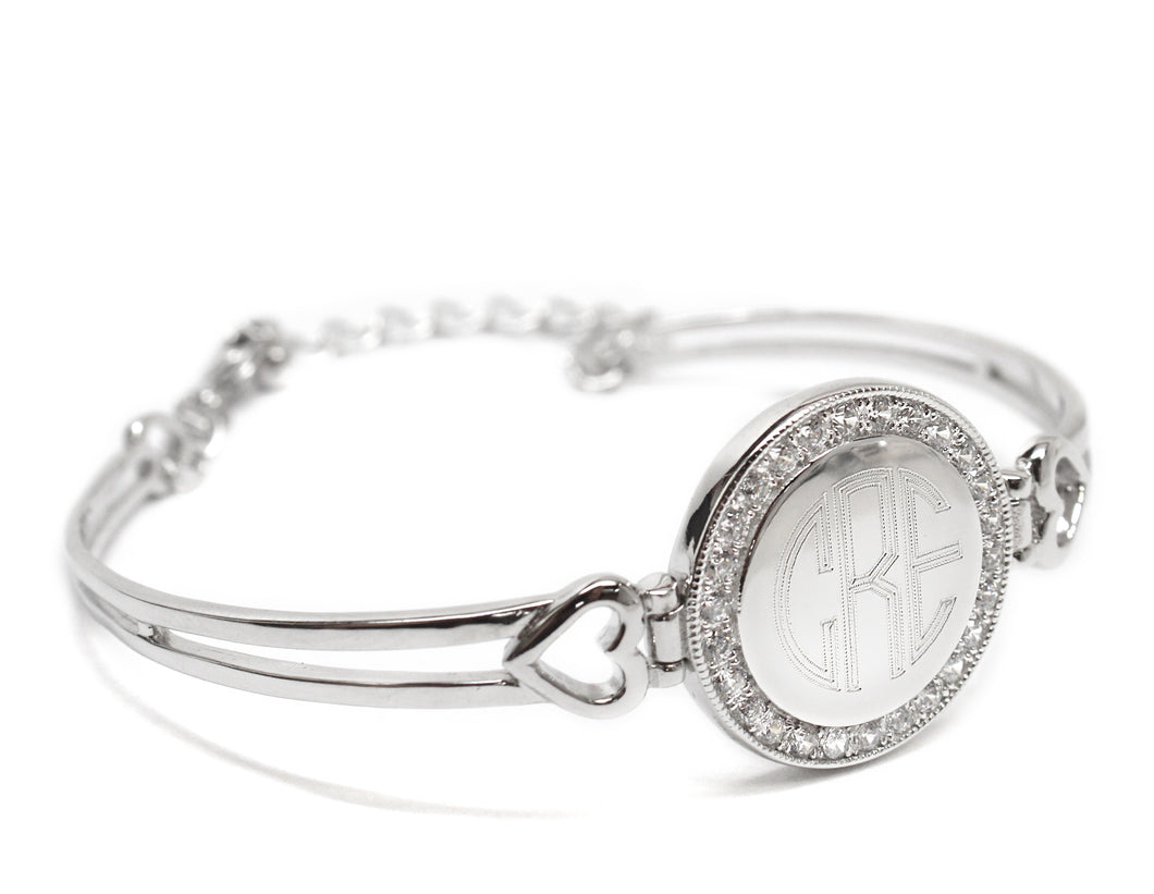 Monogram Silver Bracelet with Crystals and Hearts - Blank or Engraved