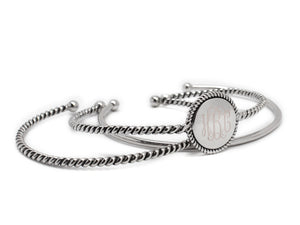 Blank or Monogram Silver Braided Rope Bangle Triple Set Bracelets
