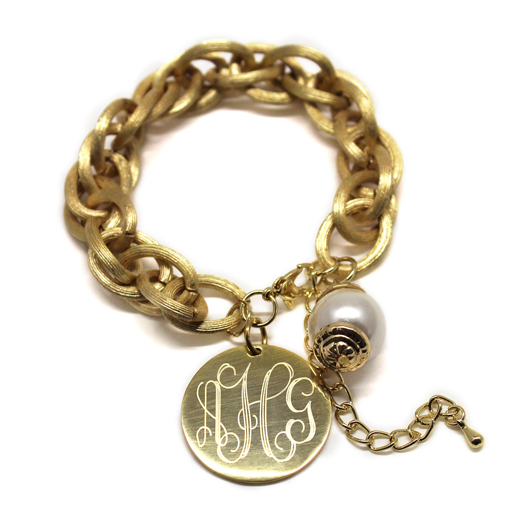 Satin Gold Link Bracelet with Drop Pearl Blank or Monogram Engraved