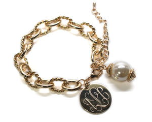 Gold Rope Link Bracelet with Drop Pearl Blank or Monogram Engraved