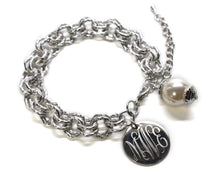 Blank or Monogram Engraved Silver Link Bracelet with Drop Pearl
