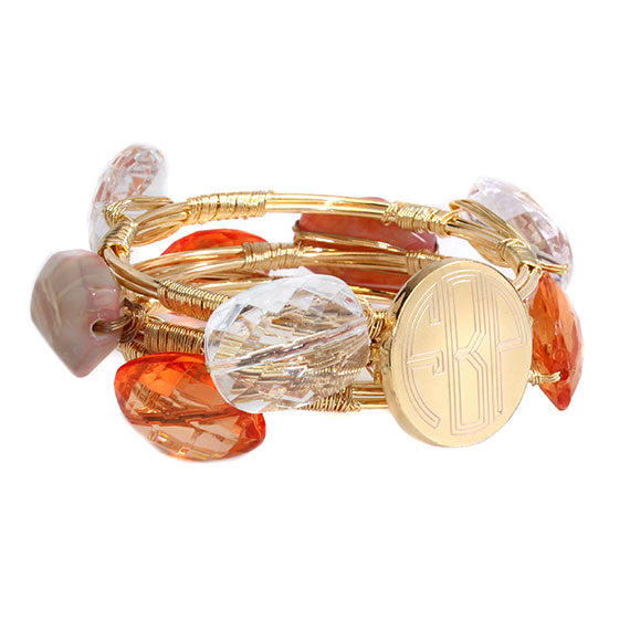 Peach and Clear Crystal Bead Bracelet with Blank or Monogram Engraved Gold Disk