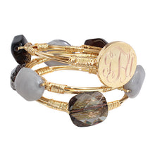 Smokey, Heather Gray, Black and Gray Marble Stone Bead Bracelet with Blank or Monogram Engraved Gold Disk