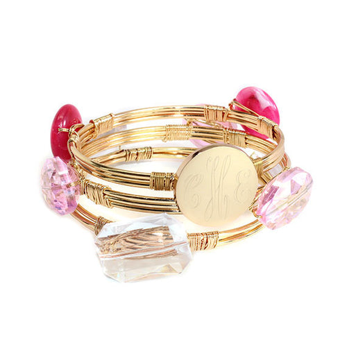 Rose Crystal and Magenta Stone Bead Bracelet with Blank or Monogram Engraved Gold Disk