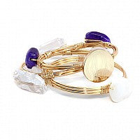 Clear Crystal and Purple Berry Stone Bead Bracelet with Blank or Monogram Engraved Gold Disk