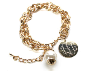 Blank or Monogram Engraved Gold Link Bracelet with Drop Pearl