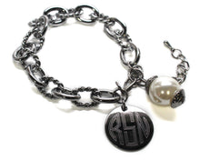 Heirloom Hourglass Bracelet Antique Vintage Silver Rope Link Bracelet with Drop Pearl Blank or Monogram Engraved