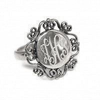 Heirloom Hourglass jewelry Round Sterling Silver Filigree Ring - Plain or Monogram Engraved