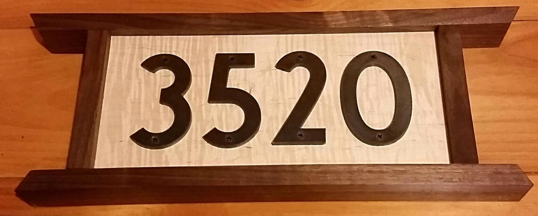 Heirloom Hourglass sign Handcrafted Home Numbers Sign in Walnut and Curly Maple