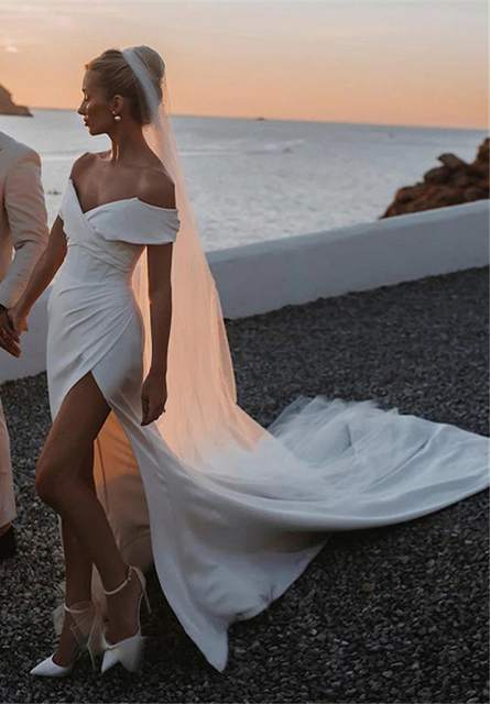Sexy Backless Off Shoulder Beach Wedding Dress with High Leg Slit Heirloom Hourglass Sexy Backless Off Shoulder Beach Wedding Dress with High Leg Slit Heirloom Hourglass