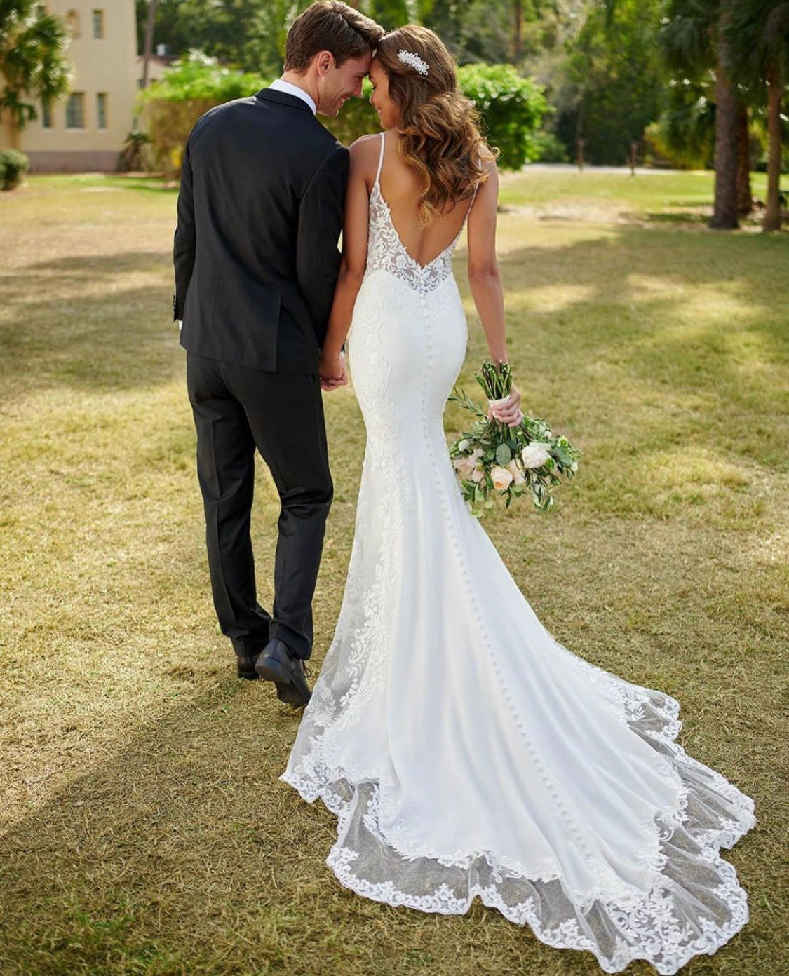 Lace Mermaid Wedding Dress with Spaghetti Straps and Flowing Train Heirloom Hourglass Lace Mermaid Wedding Dress with Spaghetti Straps and Flowing Train Heirloom Hourglass