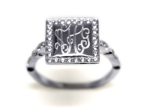 Square Silver with CZ Stackable Ring - Plain or Monogram Engraved