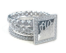 WOW Factor Sterling Silver Square Engraveable Stackable Crystals Ring - Plain or Monogram Engraved
