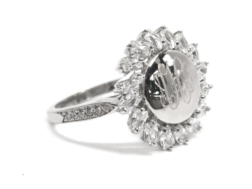 Sterling Silver Sunflower with CZ Trim Ring - Plain or Monogram Engraved