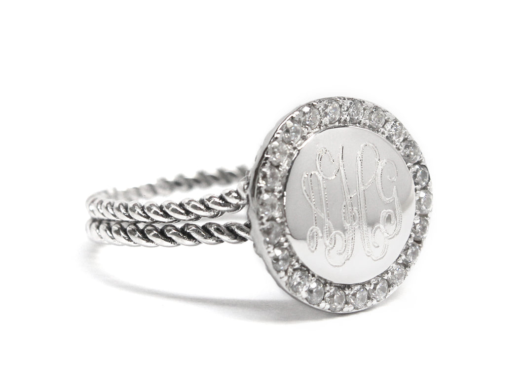 Double Braided Rope Sterling Silver with CZ Ring - Plain or Monogram Engraved
