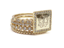 Gold Plated Square Sterling Silver with CZ Stackable Ring - Plain or Monogram Engraved