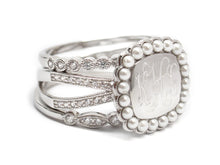 Sterling Silver Triple band with Pearls Stackable Ring - Plain or Monogram Engraved